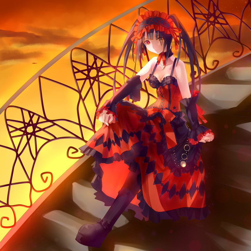 absurdres black_hair boots breasts cleavage clock_eyes date_a_live detached_sleeves headdress heterochromia highres knee_boots medium_breasts orange_eyes pantyhose qq red_eyes sitting solo stairs sunset symbol-shaped_pupils tokisaki_kurumi