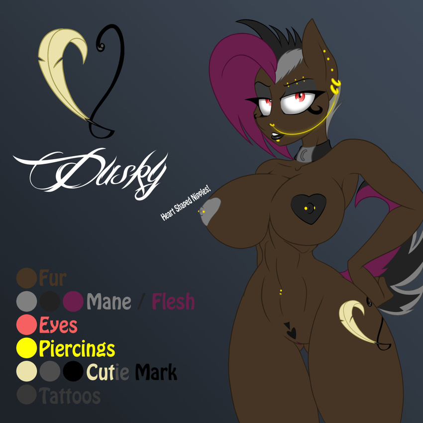 2014 2015 abs anthro anthrofied big_breasts black_hair black_lipstick breasts collar cutie_mark digital_media_(artwork) dusky_(oc) ear_piercing earth_pony equine eyeshadow fan_character female gold_(metal) grey_hair hair hand_on_hip heart_nipples heart_shaped_nipples horse jrvanesbroek licpstick makeup mammal model_sheet multicolored_hair my_little_pony navel nipple_piercing nipples nude piercing pony purple_hair pussy red_eyes solo standing tattoo wide_hips