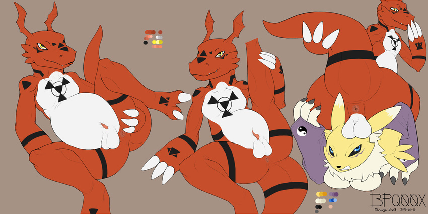 anthro anus balls balls_on_head bpq00x breasts canine color_swatch digimon digital_media_(artwork) duo female flat_colors fox guilmon looking_at_viewer male mammal multiple-images multiple_poses naughty_face one_leg_up penis penis_tip pose presenting raised_tail renamon saggy_balls scalie sheath solo struggling