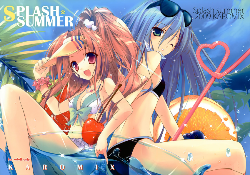 absurdres bikini blue_hair cherry drinking_straw flat_chest food fruit green_eyes highres jewelry karory long_hair multiple_girls necklace one_eye_closed open_mouth original pink_eyes ponytail strawberry sunglasses swimsuit very_long_hair visor_cap