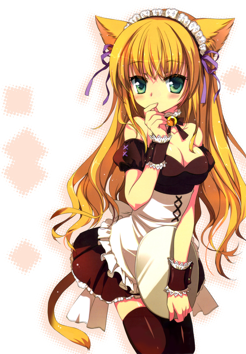 absurdres animal_ears armband bell bell_collar black_legwear blonde_hair blush breasts cat_ears cat_tail character_request cleavage collar copyright_request covering_mouth dress green_eyes hand_over_own_mouth highres jingle_bell long_hair maid medium_breasts ribbon riv short_dress solo source_request tail thighhighs tray wrist_cuffs