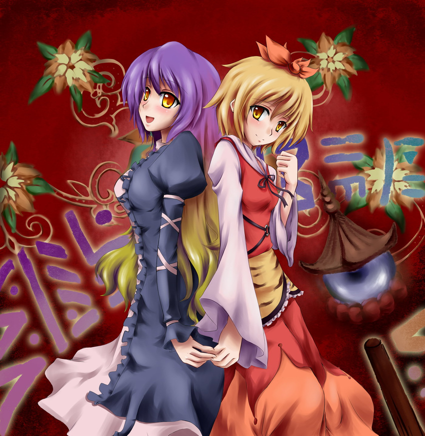 back-to-back bad_id bad_pixiv_id bishamonten's_pagoda blonde_hair blush dress fangdan_runiu gradient_hair hair_ornament highres hijiri_byakuren long_hair multicolored_hair multiple_girls shawl short_hair toramaru_shou touhou yellow_eyes