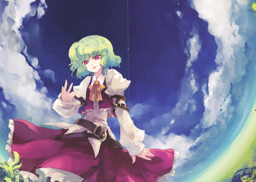 :p absurdres arm_garter ascot belt cloud day field fisheye green_hair highres kazami_yuuka multiple_belts puffy_sleeves red_eyes scan short_hair skirt skirt_set sky solo tokiame tongue tongue_out touhou v vest