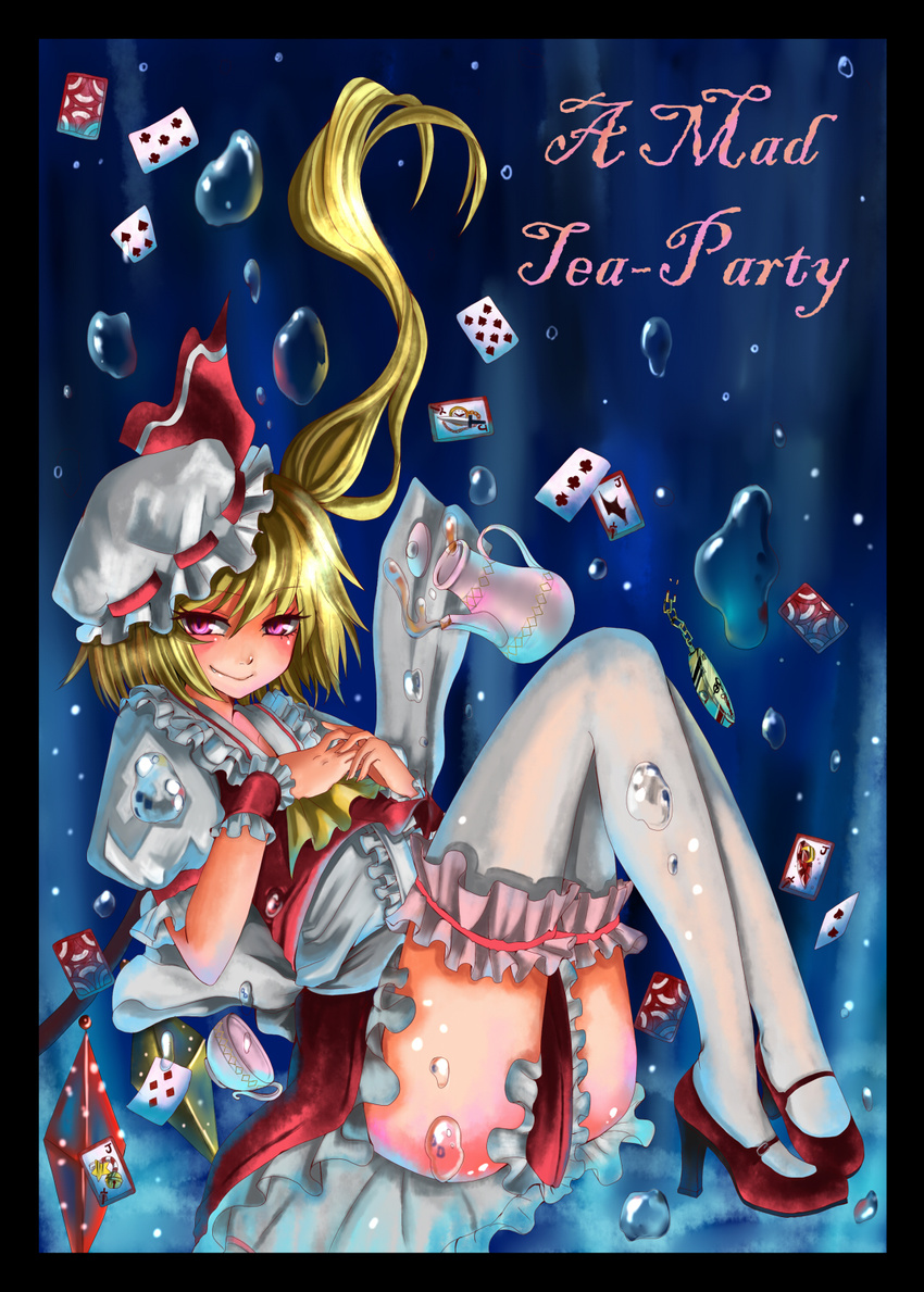 alice_(afternoon_gleam) alice_in_wonderland blonde_hair card cup flandre_scarlet floating_card garters hat highres legs mary_janes one_side_up parody pocket_watch ponytail red_eyes shoes short_hair solo teacup thighhighs touhou watch wings