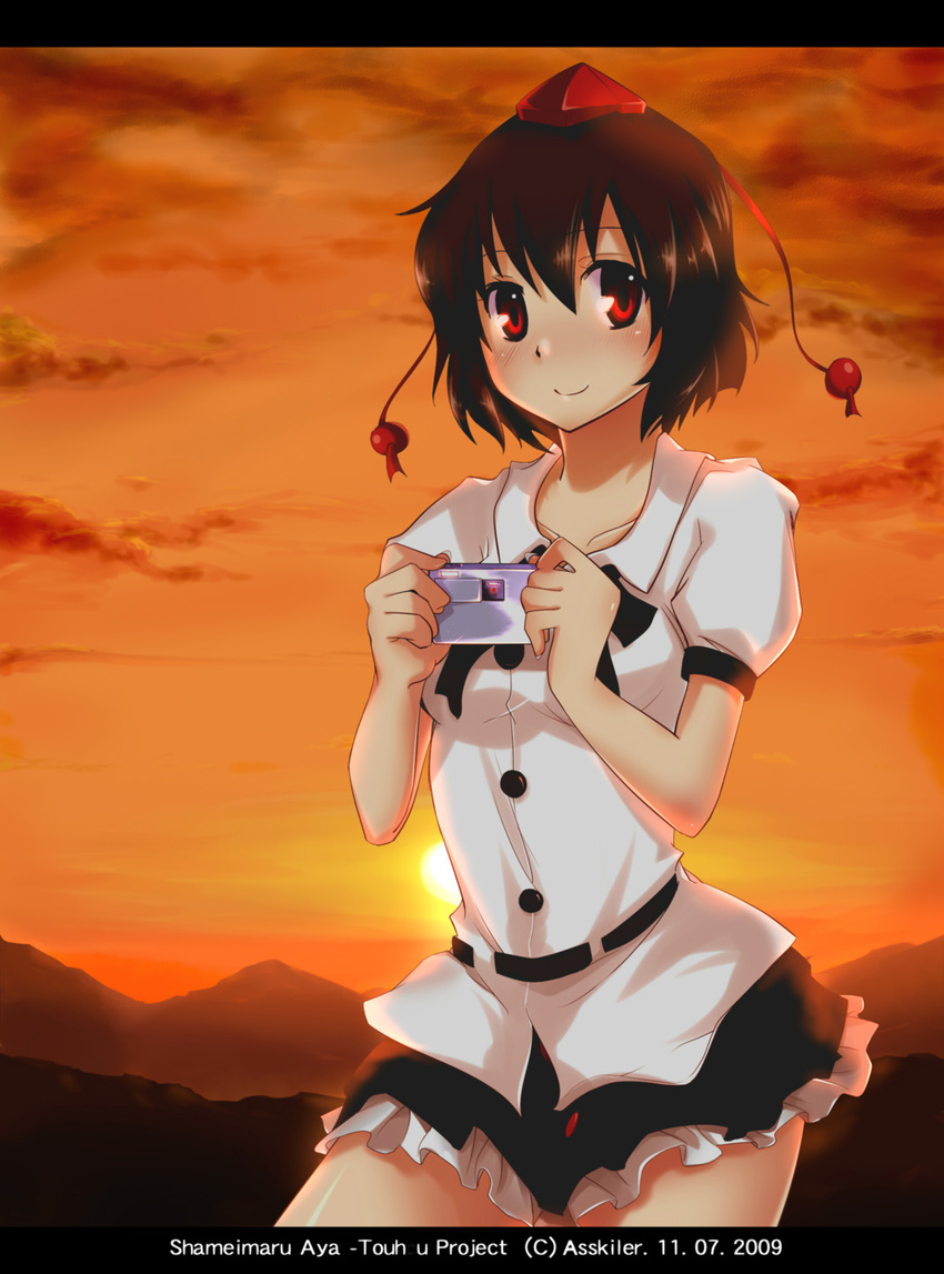 asskiler bad_id bad_pixiv_id blush camera hat highres looking_at_viewer red_eyes shameimaru_aya solo sunset tokin_hat touhou