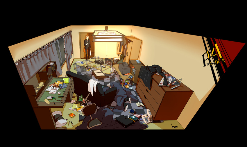 bag black_background book cameo chair chest_of_drawers copyright_name couch curtains desk door floorplan hanamura_yousuke male_focus messy multiple_boys narukami_yuu persona persona_4 room sanada_akihiko scissors serori_(koredemoka) sleeping television window