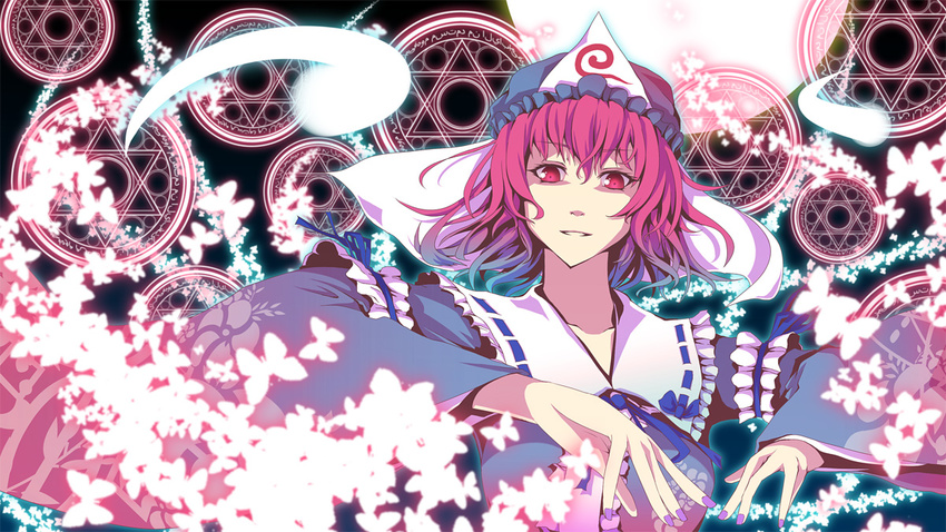 bug butterfly fan hat insect japanese_clothes kimono koumei_(harmonizer) pink_hair red_eyes saigyouji_yuyuko short_hair solo touhou