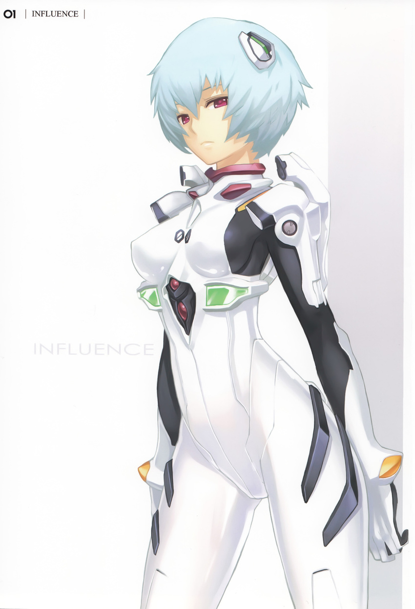 absurdres ayanami_rei blue_hair bodysuit hair_ornament highres influence nagi_ryou neon_genesis_evangelion plugsuit red_eyes scan short_hair simple_background solo white_bodysuit