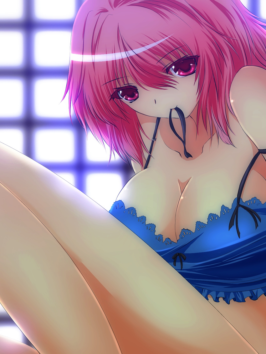 bra breasts bustier cleavage commentary_request highres large_breasts lingerie looking_at_viewer midriff morning mouth_hold navel nekominase pink_eyes pink_hair saigyouji_yuyuko short_hair solo touhou underwear
