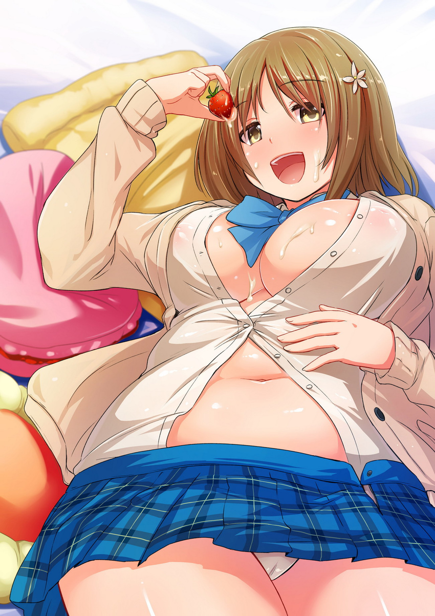 ardnades belly breasts brown_hair cardigan cleavage covered_nipples cum cum_on_body cum_on_breasts cum_on_food cum_on_upper_body facial food fruit hair_ornament hairclip highres idolmaster idolmaster_cinderella_girls inverted_nipples large_breasts lying midriff mimura_kanako navel panties pantyshot pillow plump short_hair solo strawberry underwear