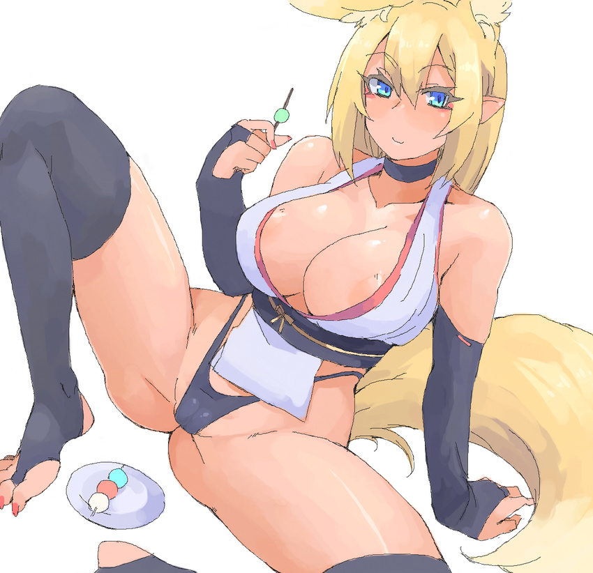 animal_ears areola_slip areolae barefoot black_gloves black_legwear blonde_hair blue_eyes breasts bridal_legwear cleavage dango elbow_gloves fingerless_gloves food fox_ears fox_tail gloves groin kitsune knee_up large_breasts looking_at_viewer minakami_(flyingman555) nail_polish original partially_visible_vulva pointy_ears red_nails sanshoku_dango simple_background sitting skewer smile solo tail thighhighs toeless_legwear toenail_polish wagashi white_background