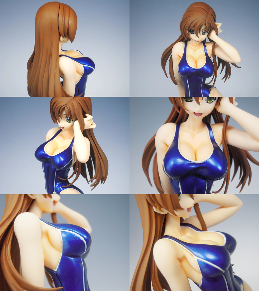 ass back bare_legs breasts brown_hair code_geass female figure gloves gradient gradient_background large_breasts long_hair one-piece_swimsuit open_mouth photo shirley_fenette smile solo swimsuit