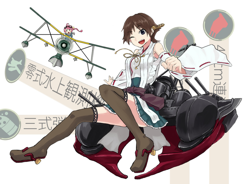 aircraft airplane bad_id bad_pixiv_id bare_shoulders battasarada biplane blue_eyes boots brown_hair cannon detached_sleeves equipment_screen f1m fairy_(kantai_collection) flipped_hair hairband headgear hiei_(kantai_collection) japanese_clothes kantai_collection multiple_girls nontraditional_miko plaid remodel_(kantai_collection) seaplane short_hair skirt smile thigh_boots thighhighs turret type_0_observation_seaplane