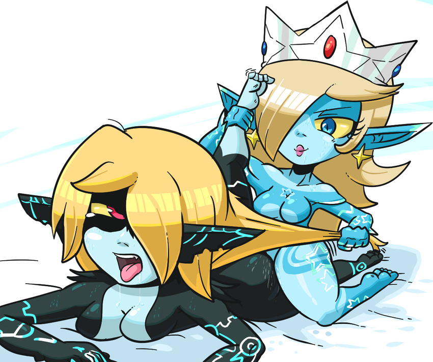2girls ahegao blonde_hair blue_eyes breasts crossover crown female female/female hair hair_pull imp lips mario_bros midna monster_girl multiple_girls nintendo open_mouth pointy_ears pulling_hair red_eyes rosalina_(mario) rosetta_(mario) sex simple_background super_mario_bros. super_mario_galaxy sweat the_boogie the_legend_of_zelda the_legend_of_zelda:_twilight_princess thick_thighs tribadism twilight_princess video_games yellow_sclera yuri