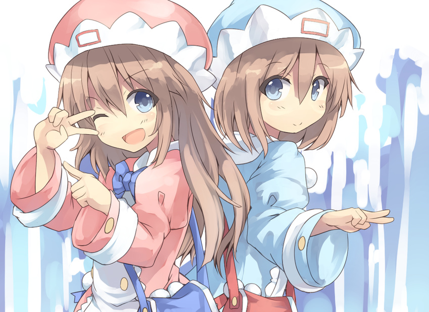 ;d bag blue_bow blue_eyes blush bow brown_hair buttons handbag hat long_hair long_sleeves multiple_girls neptune_(series) no_nose normaland one_eye_closed open_mouth puffy_long_sleeves puffy_sleeves ram_(choujigen_game_neptune) rom_(choujigen_game_neptune) short_hair siblings sisters smile twins v_over_eye