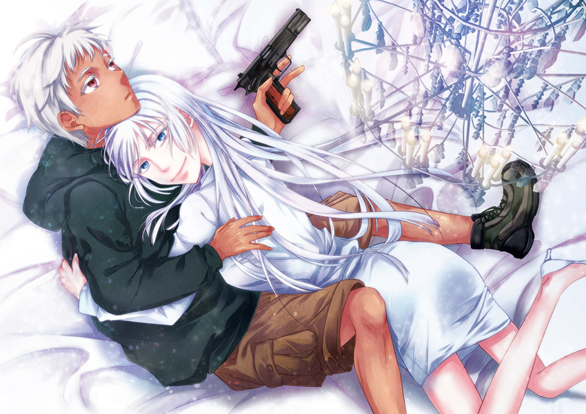 1boy 1girl absurdres blue_eyes formal gun highres hug johnathan_mar jormungand koko_hekmatyar long_hair looking_away necktie red_eyes rifle smile weapon white_hair