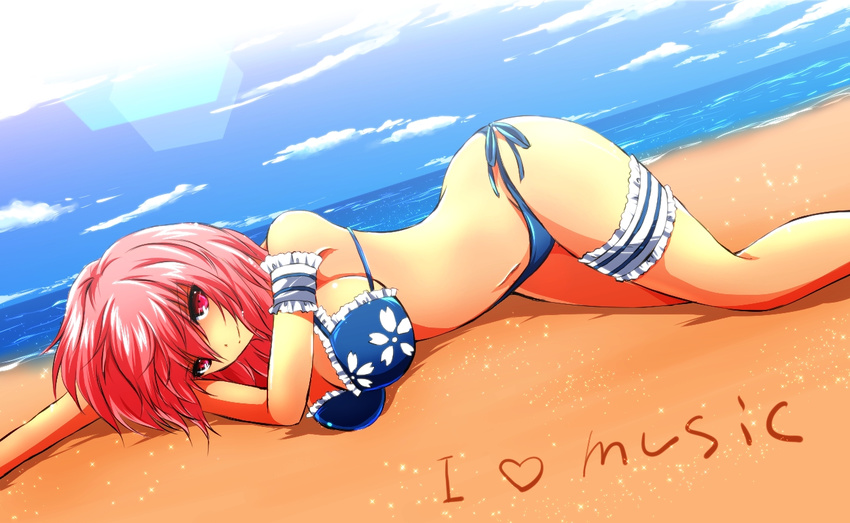 arm_cuffs backlighting beach bikini blue_sky breasts cloud day english floral_print head_on_arm heart hips large_breasts legs lens_flare lying navel nekominase ocean on_side outdoors perspective pink_eyes pink_hair saigyouji_yuyuko sand sky smile solo sparkle stomach swimsuit thigh_strap thighs touhou