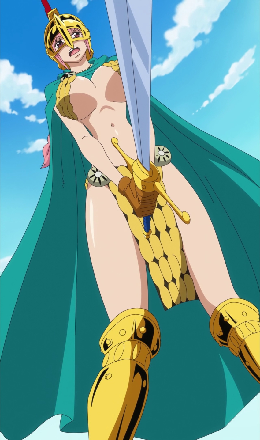 armor bikini_armor breasts brown_eyes cape cloud dressrosa female from_below gladiator gloves gradient gradient_background helmet navel one_piece open_mouth pink_hair rebecca_(one_piece) screencap solo standing stitched sword weapon