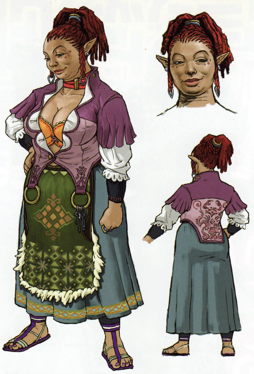 bra breasts cleavage earrings gradient gradient_background green_eyes jewelry lips official_art pointy_ears red_hair telma the_legend_of_zelda the_legend_of_zelda:_twilight_princess twilight_princess underwear