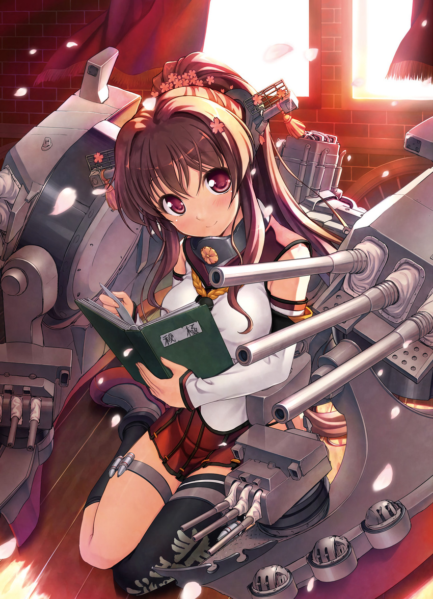 bekkankou black_legwear book breasts brick_wall brown_hair cannon curtains detached_sleeves flower hair_flower hair_ornament hairband highres holding holding_book indoors kantai_collection looking_at_viewer machinery medium_breasts open_book petals ponytail purple_eyes single_thighhigh sitting skirt solo sunlight tassel thighhighs turret wind window yamato_(kantai_collection) yokozuwari