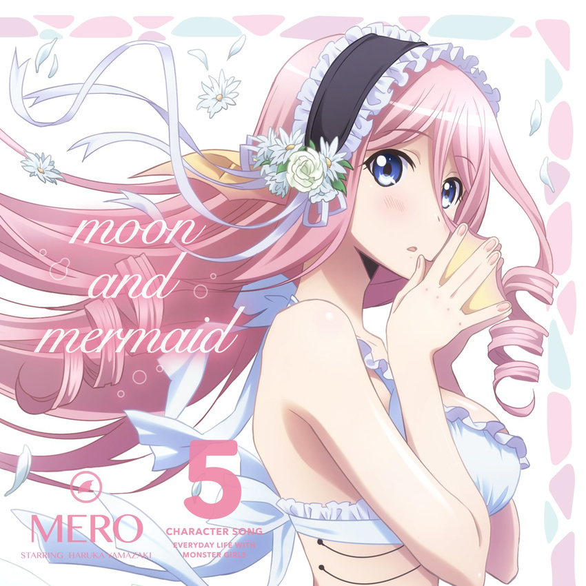 album_cover bikini_top blue_eyes breasts character_name cover drill_hair engrish from_side gills hands_together head_fins highres long_hair looking_at_viewer maid_headdress medium_breasts mermaid meroune_lorelei monster_girl monster_musume_no_iru_nichijou official_art pink_hair ranguage solo upper_body webbed_hands