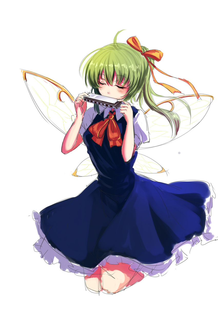 blue_dress blush bow closed_eyes colorized daiyousei dress fairy_wings green_hair hair_ornament hair_ribbon harmonica highres instrument koissa long_hair music playing_instrument puffy_sleeves ribbon short_sleeves side_ponytail simple_background sketch solo touhou white_background wings