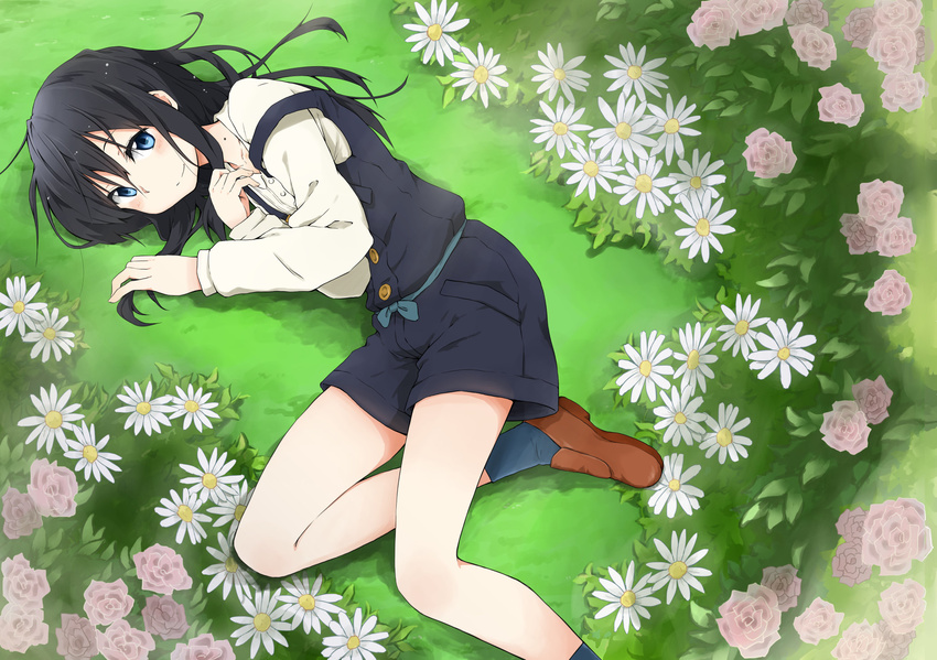 black_hair blue_eyes blush daisy flower highres kagiana kitashirakawa_tamako loafers lying mole mole_on_neck on_side shoes shorts smile socks solo strap_slip tamako_market