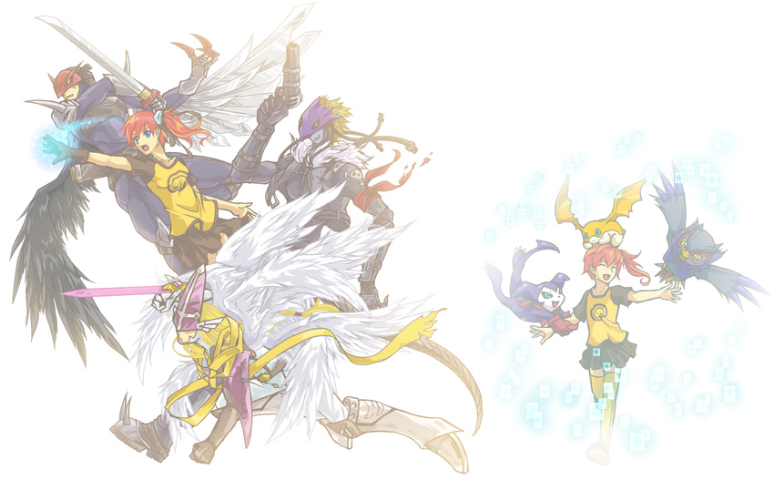 1girl 3boys aiba_ami angel angel_wings arano_hachi armor bandai beelzebumon bird blade blonde_hair blush boots breasts claws demon digimon digimon_story:_cyber_sleuth dual_persona energy falcomon fangs female friends goggles gun hair_ornament helmet highres holyangemon impmon multiple_boys patamon ponytail ravemon red_hair shirt side_ponytail simple_background sword tail team weapon wings yellow_legwear yellow_shirt