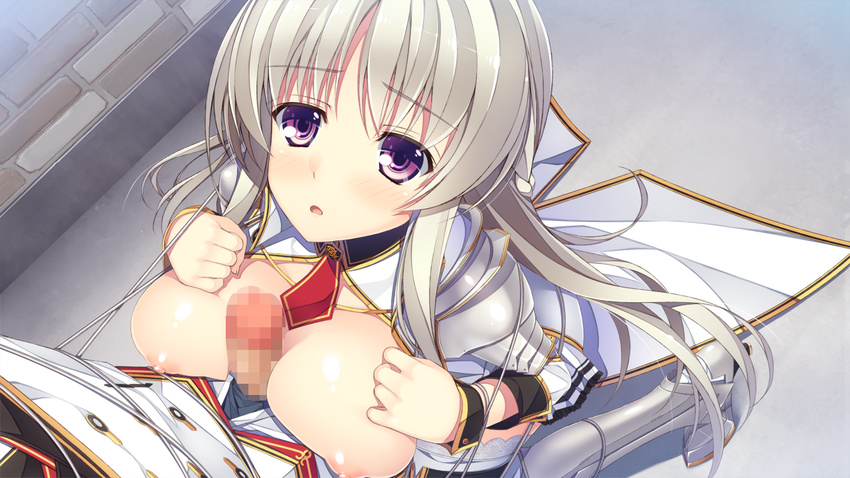 1girl areolae armor blush braid breast_press breast_squeeze breasts breasts_outside censored game_cg grey_hair highres juukishi_cutie_bullet kneeling large_breasts legs looking_at_another looking_up mosaic_censoring nipples no_bra open_clothes open_mouth paizuri penis purple_eyes reina_de_medishi silver_hair solo_focus standing thighs unzipped yuuki_hagure