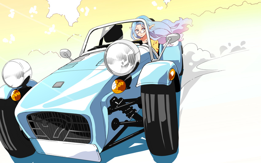 bad_id bad_pixiv_id blue_eyes blue_hair car caterham_7 commentary_request driving glasses gradient_hair ground_vehicle highres long_hair motor_vehicle multicolored_hair original pointy_ears poncho_s wheel