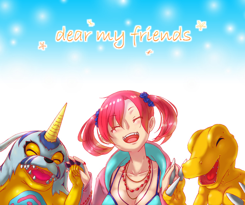 1girl 2boys agumon bandai blue_dress breasts claws cleavage digimon digimon_story:_cyber_sleuth dress fangs female friends gabumon happy horns monster multiple_boys open_mouth red_hair shiramine_nokia simple_background smile solo twintails