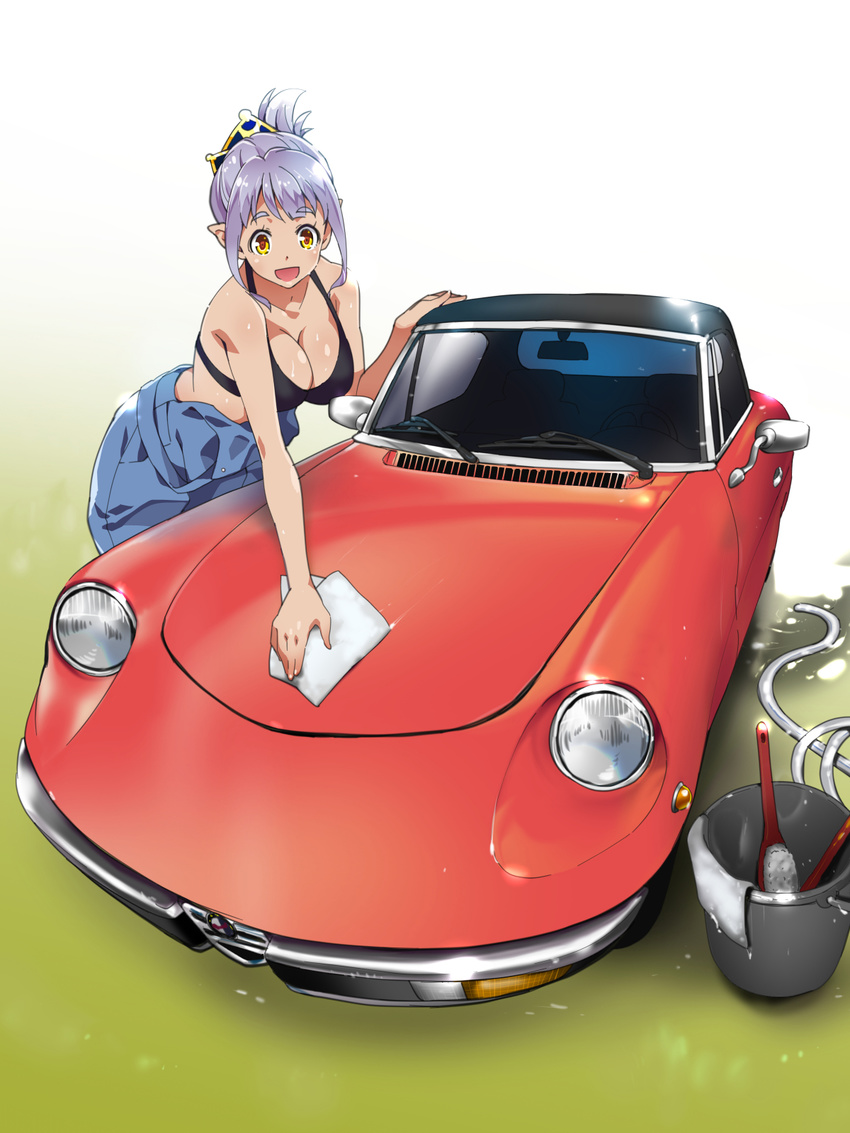 :d alfa_romeo bad_id bad_pixiv_id bikini bikini_top black_bikini breasts brush bucket car car_wash cleavage commentary_request folded_ponytail ground_vehicle hair_ornament highres hose large_breasts motor_vehicle open_mouth original overalls pointy_ears poncho_s purple_hair smile solo sports_bra swimsuit washing water yellow_eyes