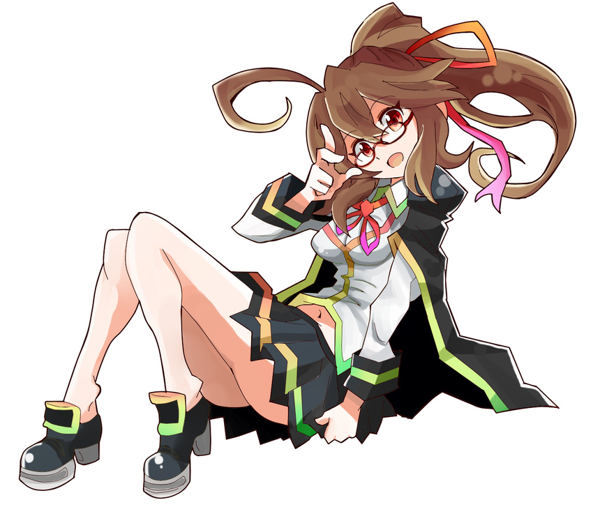 ahoge bespectacled blazblue blazblue:_chronophantasma brown_eyes brown_hair cape celica_a_mercury enpe glasses hair_ribbon long_hair ponytail ribbon skirt solo