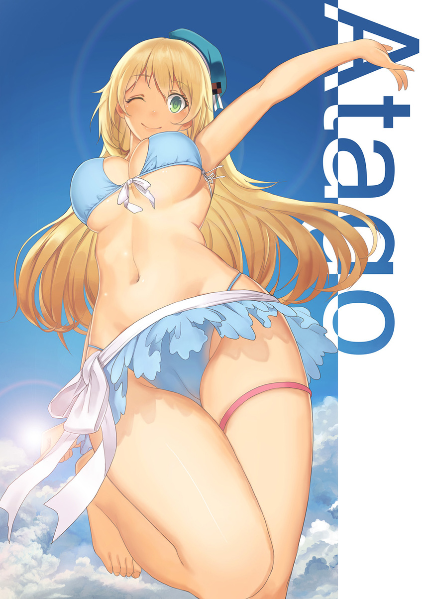 atago_(kantai_collection) barefoot bikini blonde_hair breasts cameltoe cleavage cloud commentary_request day from_below front-tie_top green_eyes hat highres kantai_collection large_breasts lens_flare light_rays long_hair looking_at_viewer looking_down madyy navel sky smile solo sunlight swimsuit underboob