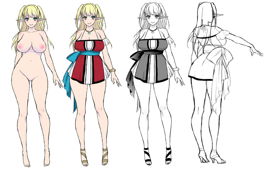 1girl areolae bare_shoulders blonde_hair blush breasts cleavage comparison curvy elf female full_body green_eyes high_heels large_breasts long_hair looking_at_viewer miniskirt multiple_persona necklace nipples no_pussy original partially_colored pointy_ears sandals simple_background sketch skirt smile solo standing twintails usaginagomu white_background wide_hips