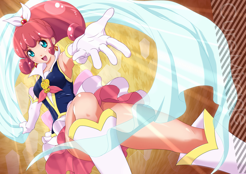 :d blue_eyes boots brooch character_name cure_mirage dengeki_gx earrings elbow_gloves full_body gloves happinesscharge_precure! jewelry knee_boots magical_girl open_mouth pink_hair pink_skirt precure queen_mirage short_hair skirt smile solo spoilers white_footwear white_gloves