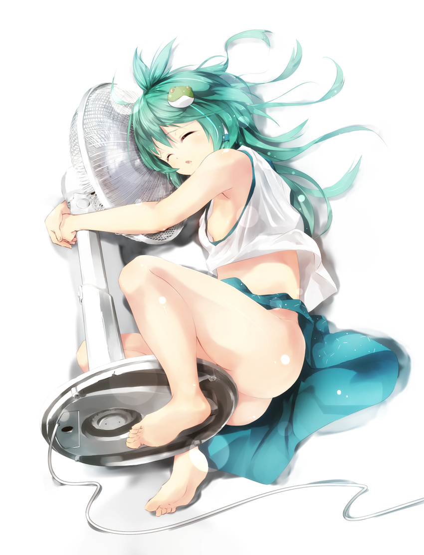 ass bad_id bad_pixiv_id barefoot blush breasts convenient_censoring electric_fan feet frog_hair_ornament full_body gorilla_(bun0615) hair_ornament highres hot kochiya_sanae legs long_hair no_bra no_panties object_hug simple_background skirt small_breasts solo tank_top touhou white_background