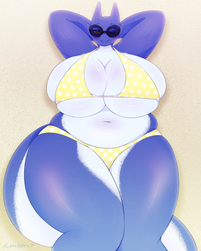 2015 anthro beach big_breasts bikini blue_skin blush breasts chubby cleavage clothed clothing dragon eyewear female hi_res horn huge_breasts looking_at_viewer lying navel on_back outside pastelletta reptile sand scalie seaside smile solo sunglasses swimsuit thick_thighs under_boob voluptuous wide_hips