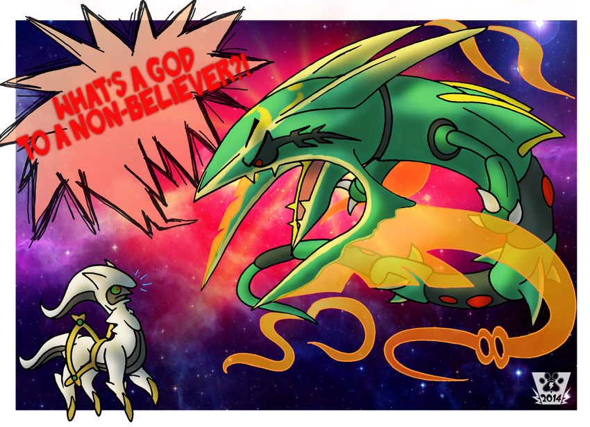 2014 ambiguous_gender angry arceus black_sclera black_skin claws dialogue duo english_text feral green_sclera green_skin grey_skin hi_res humor legendary_pok&eacute;mon mega_evolution mega_rayquaza nintendo nude open_mouth pok&eacute;mon rayquaza red_eyes red_skin size_difference space speech_bubble teeth text tongue valery91thunder video_games white_skin yellow_skin