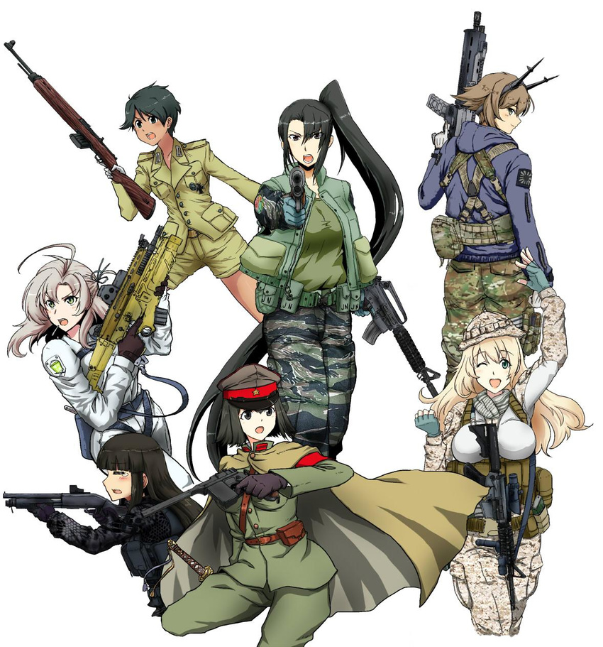 acog akitsu_maru_(kantai_collection) ar-15 assault_rifle atago_(kantai_collection) bushmaster_acr camouflage camouflage_pants car-15 eotech flash_suppressor fn_scar fn_scar_16 foregrip gewehr_43 gloves grenade_launcher gun handgun hatsuyuki_(kantai_collection) headgear headset helmet highres iron_cross kantai_collection kinugasa_(kantai_collection) load_bearing_vest long_hair m1911 m4_carbine mauser_c96 military military_operator military_uniform mogami_(kantai_collection) mossberg_500 multiple_girls mutsu_(kantai_collection) nachi_(kantai_collection) pants pistol rifle shotgun sling stanag_magazine tigerstripe_(camo) underbarrel_grenade_launcher uniform vertical_foregrip weapon wolf_(raidou-j)