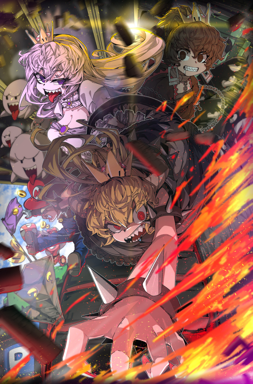 1boy 3girls ?_block absurdres bangs black_dress blonde_hair boo boots borrowed_design bowsette bracelet breasts brooch brown_eyes brown_hair bullet_bill buttons chain_chomp chains cleavage clenched_teeth coin collar commentary crown debris dress drooling earrings eyebrows_visible_through_hair final_fantasy fingernails fire fisheye foreshortening frilled_collar frills full_body ghost gloves hair_between_eyes half-closed_eye hat high_heel_boots high_heels highres horns jewelry lavender_hair long_fingernails long_hair long_sleeves looking_at_viewer luigi's_mansion mario mario_(series) motion_blur multiple_girls nail_polish new_super_mario_bros._u_deluxe nintendo open_mouth outstretched_arm overalls pale_skin personification ponytail princess_chain_chomp princess_king_boo purple_eyes red_eyes red_nails ringed_eyes sharp_fingernails sharp_teeth sharp_tongue smile spiked_armlet spiked_bracelet spiked_shell spikes super_crown super_mario_bros. takoongyi teeth thick_eyebrows tongue tongue_out turtle_shell v-shaped_eyebrows wide-eyed
