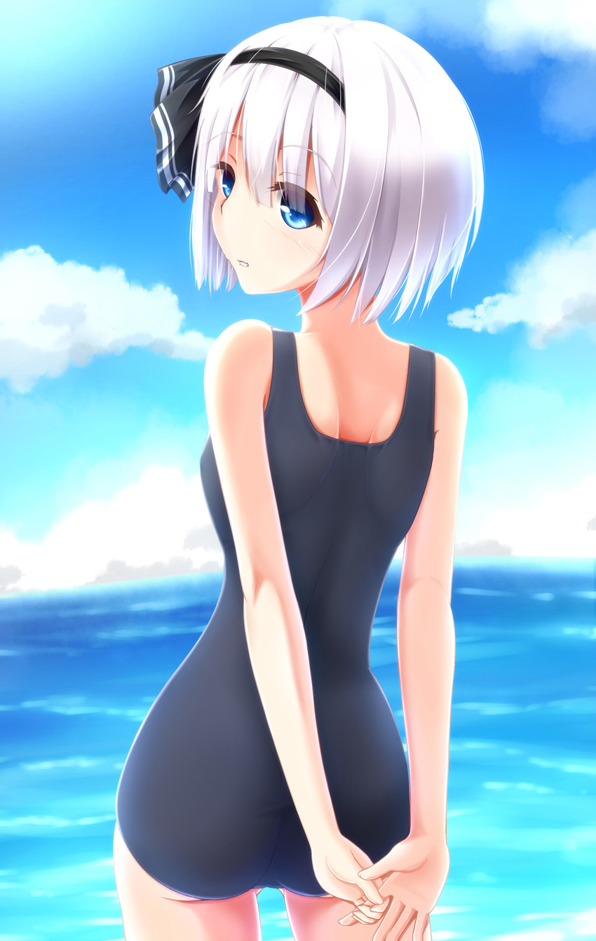 arms_behind_back ass bare_shoulders black_hairband blue_eyes blue_sky blue_swimsuit cloud cowboy_shot day evandragon from_behind hair_ribbon hairband highres konpaku_youmu looking_back ocean one-piece_swimsuit parted_lips ribbon school_swimsuit short_hair silver_hair sky solo standing swimsuit touhou water