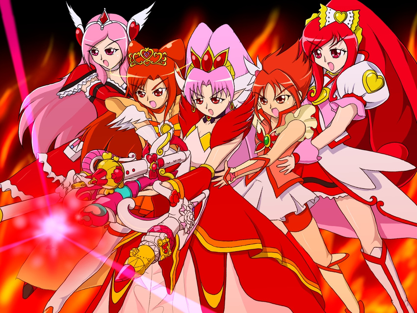 akagi_towa brooch color_connection commentary_request cure_ace cure_passion cure_rouge cure_scarlet cure_sunny dokidoki!_precure dress fiery_background fire fresh_precure! glint go!_princess_precure heart helios_(divisar) higashi_setsuna hino_akane_(smile_precure!) jewelry madoka_aguri multiple_girls natsuki_rin open_mouth pink_hair pointy_ears ponytail precure red_dress red_eyes red_hair smile_precure! yes!_precure_5 yes!_precure_5_gogo!