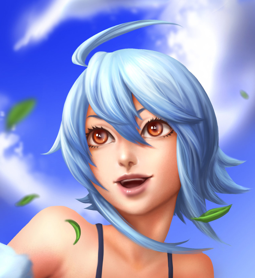 :d ahoge blue_hair blue_sky cloud day feathered_wings feathers harpy highres kenneth_tham_rui_yong leaf monster_girl monster_musume_no_iru_nichijou open_mouth orange_eyes outdoors papi_(monster_musume) portrait realistic sky smile solo wings