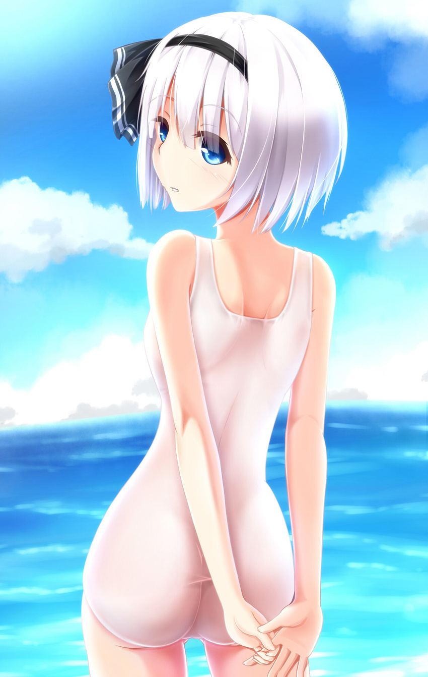 arms_behind_back bare_shoulders black_hairband blue_eyes blue_sky blue_swimsuit cloud cowboy_shot day evandragon from_behind hair_ribbon hairband highres konpaku_youmu looking_back ocean one-piece_swimsuit parted_lips ribbon school_swimsuit short_hair silver_hair sky solo standing swimsuit touhou water white_school_swimsuit white_swimsuit