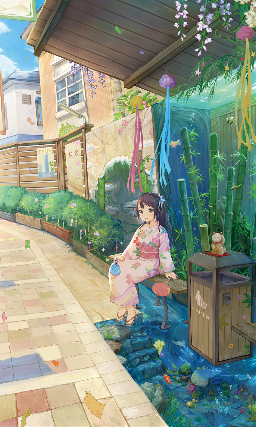 air_bubble angelfish balloon bamboo bench brown_eyes brown_hair bubble building bush clownfish coral day fan fish floral_print flower fluorescent_lamp hair_ornament highres holding japanese_clothes jellyfish kimono leaf long_hair long_sleeves looking_at_viewer maneki-neko mural obi original outdoors paper_fan parted_lips pavement petals plant ponytail poster_(object) potted_plant print_kimono road sandals sash sayika scenery seaweed sett sitting slippers smile solo stingray streamers tanzaku trash_can uchiwa wall water wide_shot window wisteria wooden_wall