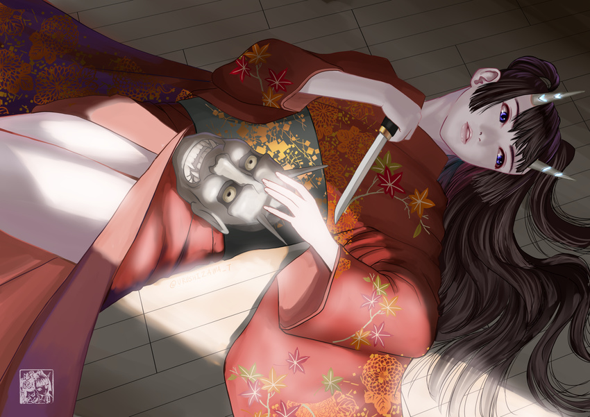 black_hair blue_eyes commentary_request floral_print glowing glowing_horns highres hinomoto_oniko holding japanese_clothes kimono leaf light_rays lips long_hair looking_away looking_to_the_side lying maple_leaf obi on_back on_floor oni_horns oni_mask original pale_skin parted_lips sash solo tantou twitter_username urushizawa_takayuki watermark
