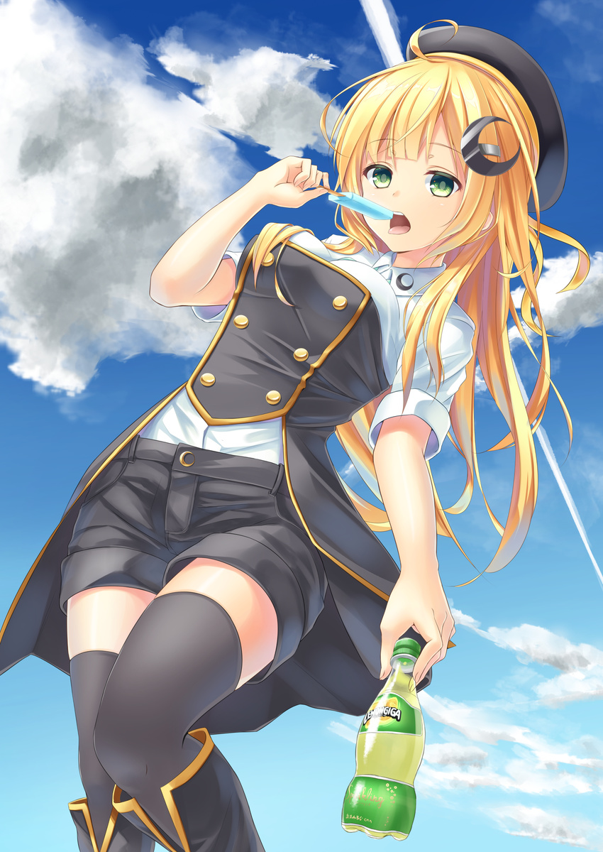 absurdres ahoge bangs black_legwear blonde_hair blue_sky boots bottle breasts cloud condensation_trail day eyebrows_visible_through_hair food green_eyes hat highres holding holding_bottle long_hair looking_at_viewer mafuyun medium_breasts open_mouth original popsicle short_sleeves shorts sky sleeves_rolled_up soft_drink solo teeth thighhighs tongue