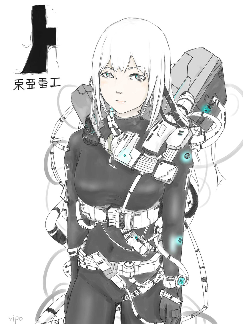 artist_name backpack bag blame! bodysuit cable cibo cowboy_shot cyberpunk emblem engineer grey_eyes highres machinery navel pale_skin science_fiction sketch solo standing tape toha_heavy_industries translated vipo white_background white_hair