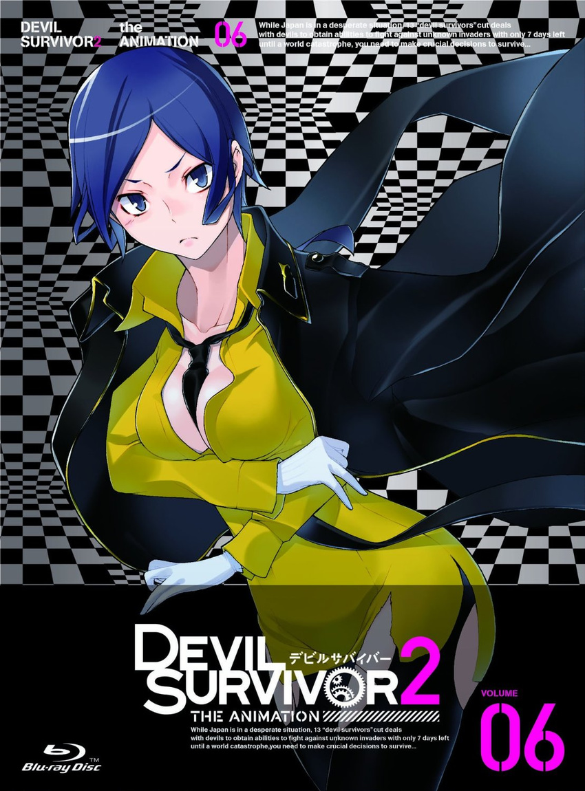 1girl arm_under_breasts black_necktie blue_eyes blue_hair breasts checkered cleavage devil_survivor_2 geometric_pattern gloves looking_at_viewer megami_ibunroku_devil_survivor necktie_between_breasts official_art open_shirt sako_makoto shirt solo thighhighs thighs torn_clothes white_gloves yasuda_suzuhito yellow_shirt